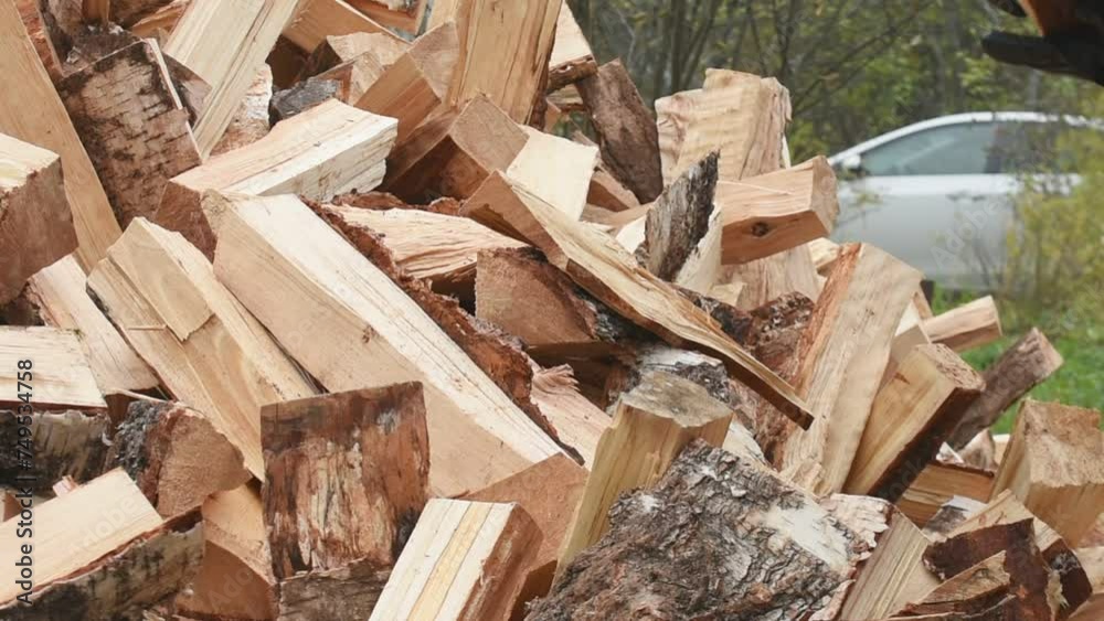 A woman stacks firewood. Stacking firewood for a fireplace on a farm. Hands of a woman close-up. A woman stacks firewood. Stacking firewood for a fireplace on a farm. Hands of a woman close-up.