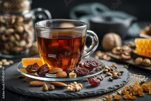 Black tea in a glass cup with honey dried fruits 