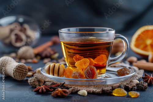 Black tea in a glass cup with honey dried fruits 