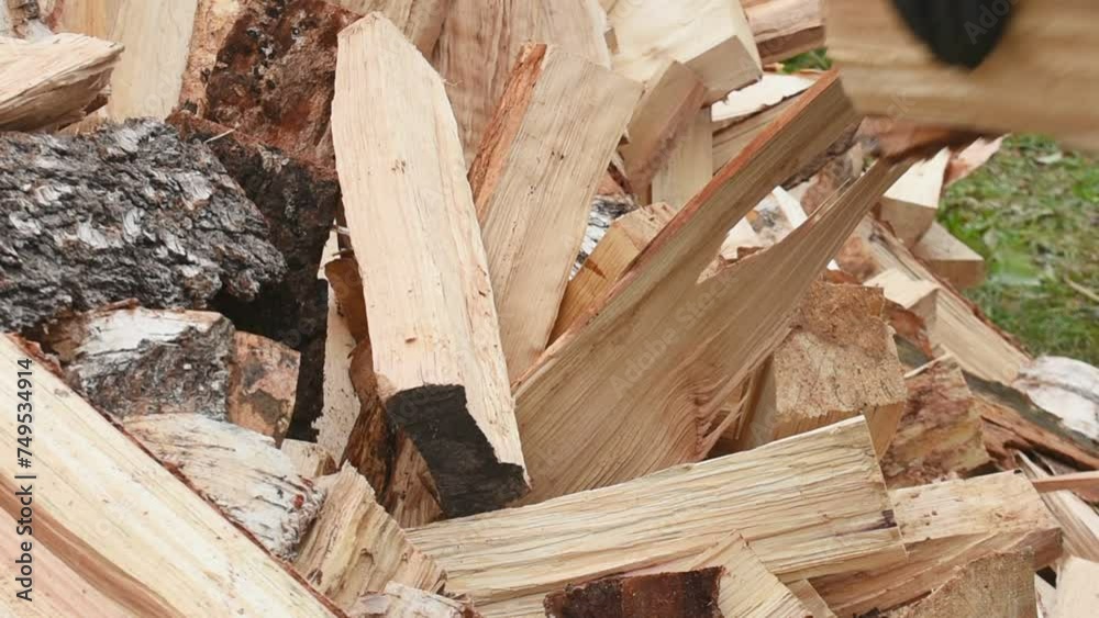 A woman stacks firewood. Stacking firewood for a fireplace on a farm. Hands of a woman close-up. A woman stacks firewood. Stacking firewood for a fireplace on a farm. Hands of a woman close-up.