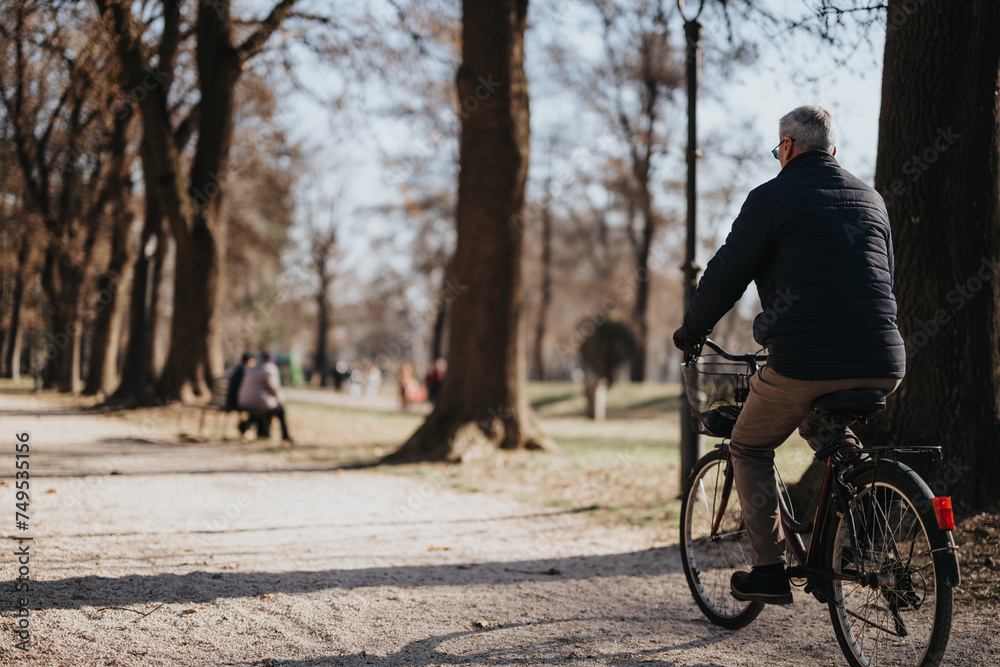 Senior man enjoying a leisurely bike ride in a serene park setting. Senior man enjoying a leisurely bike ride in a serene park setting.