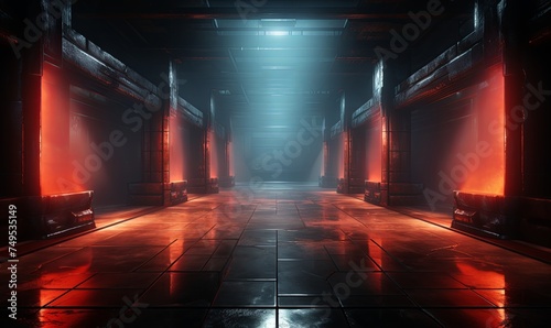 Dark magical dungeon with burning altars background. Abandoned 3d mystic catacombs with red blazing fire and rays of light from ceiling