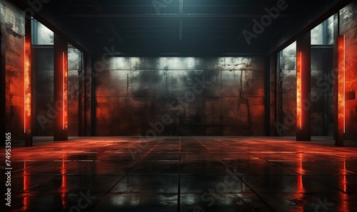 Underground concrete room with red lighting. Blank 3d cyber garage with industrial design and columns with basement exits and laser reflections on floor