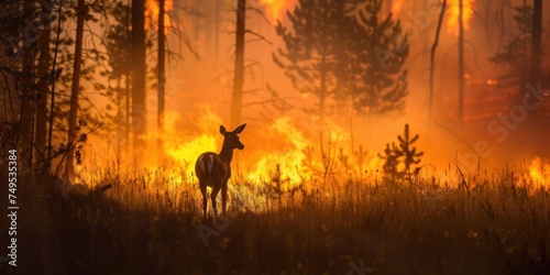 International Firefighters Day, silhouette of a deer against the background of a burning forest, forest fires, rescue of wild animals, environmental disaster © Svetlana Leuto