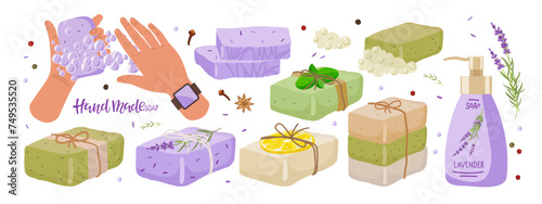 Different types of handmade soap. Slices of soap with different ingredients, bottle of liquid soap, person washing hands. Vector Illustration. Herbal Healing body care. Natural organic spa products.