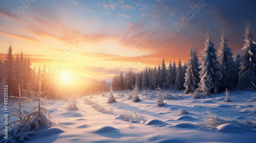 beautiful sunny winter landscape with sunrise