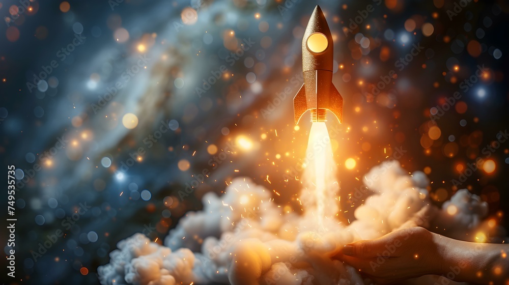 Rocket launching from hand symbolizes business growth success and innovation in startup. Concept Business Growth, Success, Innovation, Startup, Rocket Launching Rocket launching from hand symbolizes business growth success and innovation in startup. Concept Business Growth, Success, Innovation, Startup, Rocket Launching