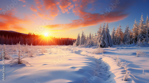 beautiful sunny winter landscape with sunrise