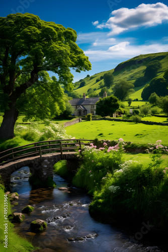 Idyllic British Countryside Scene: Rustic Cottage, Lush Fields, Antique Bridge, Rolling Hills, Tranquil Stream, and Grazing Livestock