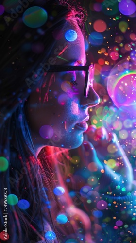 A striking portrait of a woman in profile view, featuring vibrant and colorful bokeh light effects that surround her. She is wearing glasses that have a pink neon glow. The lights create a dreamy and 