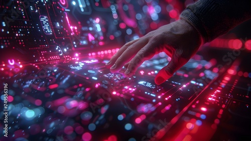 A mans hand interacting with futuristic digital interface in neon D. Concept Technology, Future, Neon Lights, Human Hand, Digital Interface