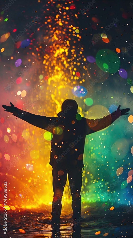 Naklejka premium A silhouetted figure stands with arms outstretched against a vibrant background filled with a flurry of brightly colored lights and bokeh. The figure appears jubilant or celebratory, capturing a momen