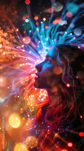 The image shows a woman in profile, seemingly lost in thought or admiration of the vibrant lights surrounding her. Her face is gently illuminated by a warm glow, and her eyes are softly focused on som