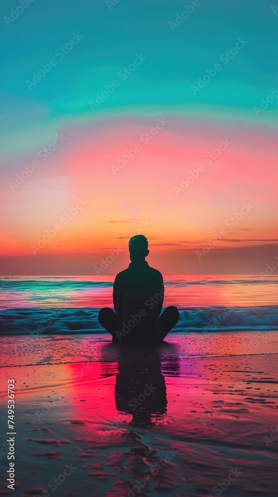 The image shows an individual sitting cross-legged on a beach, facing away from the camera towards a colorful ocean horizon. The person is silhouetted against a vibrant sky displaying a gradient of co