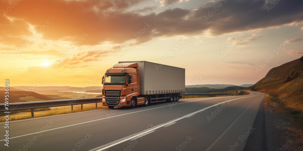 Fast Motion Delivery: Truck on the Highway at Sunset, Carrying Heavy Cargo in a Logistics Landscape