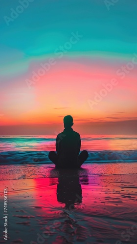The image shows an individual sitting cross-legged on a beach  facing away from the camera towards a colorful ocean horizon. The person is silhouetted against a vibrant sky displaying a gradient of co