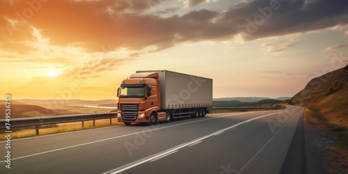 Fast Motion Delivery: Truck on the Highway at Sunset, Carrying Heavy Cargo in a Logistics Landscape © SHOTPRIME STUDIO