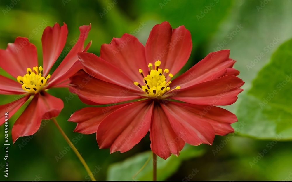 Obraz premium Red flowers of zinnia elegans on a green background.