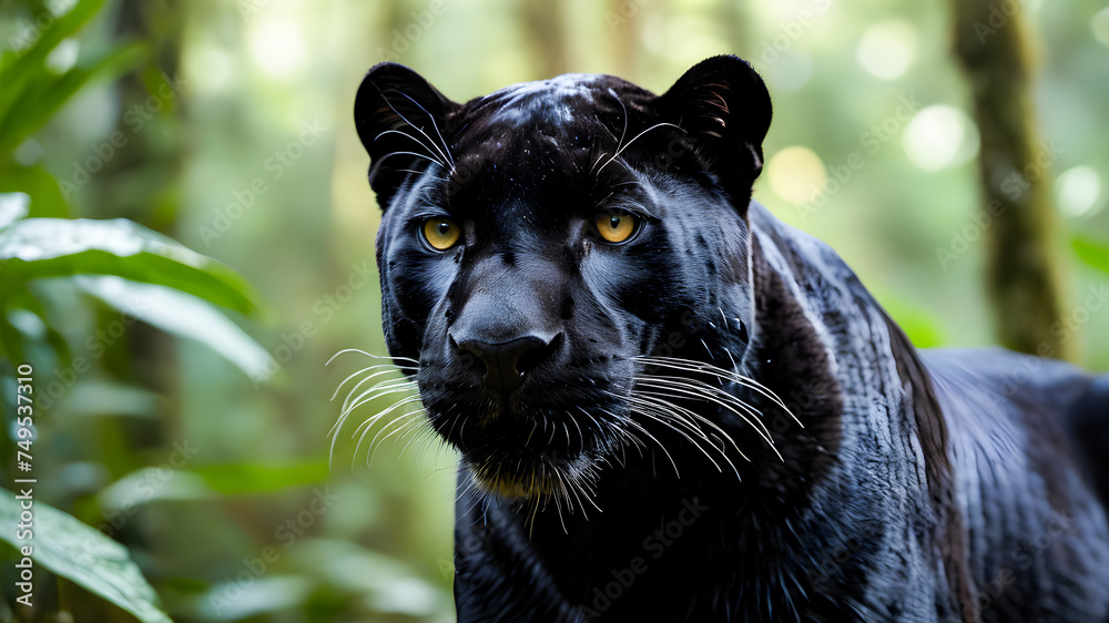 Close-up black panther in the rainforest