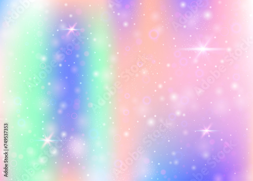Magic background with rainbow mesh. Multicolor universe banner in princess colors. Fantasy gradient backdrop with hologram. Holographic magic background with fairy sparkles, stars and blurs.