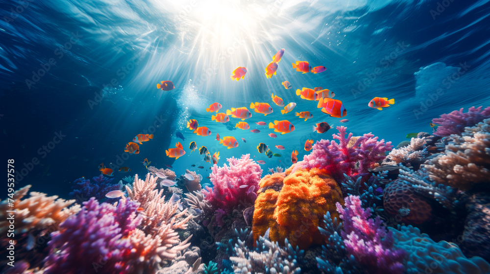 The underwater world of the red sea, with bright corals, colorful various fish.