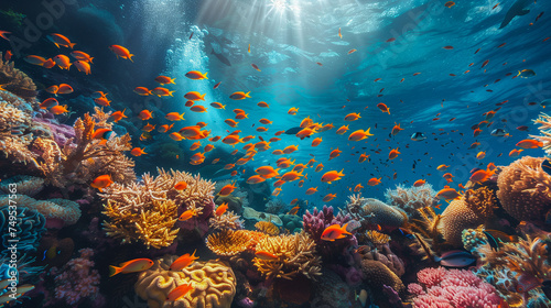 The underwater world of the red sea, with bright corals, colorful various fish.