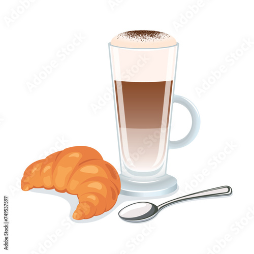 Croissant and latte macchiato coffee drink vector illustration. Glass cup of coffee with froth milk and croissant icon set vector isolated on a white background. Sweet breakfast still life