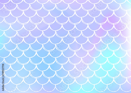 Holographic mermaid background with gradient scales. Bright color transitions. Fish tail banner and invitation. Underwater and sea pattern for girlie party. Hipster back with holographic mermaid.