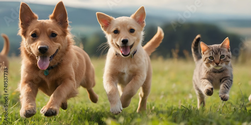 Cute funny dog and cat group jumps and running and happily a field blurred background © EA Studio