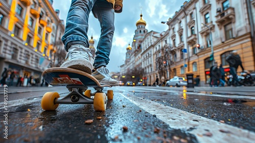Skateboarder s sneakers on artistically designed board, capturing urban skate culture essence photo