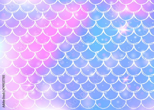 Princess mermaid background with kawaii rainbow scales pattern. Fish tail banner with magic sparkles and stars. Sea fantasy invitation for girlie party. Rainbow princess mermaid backdrop.