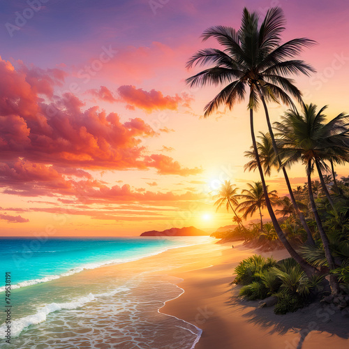 Sunset on the ocean with palm trees against the background. Thailand  Sri Lanka