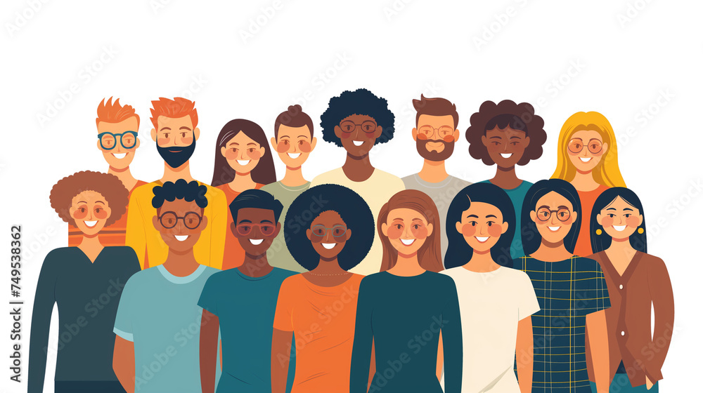 illustration of a group of people smiling, diverse crowd with smiles isolated on white background