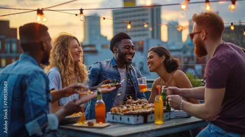 A group of friends enjoying a rooftop barbecue in an urban setting, city skyline in the background, casual and fun atmosphere. Resplendent. photo