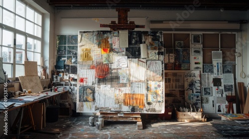 A patchwork canvas on an easel, composed of various fabric pieces in an art studio. © Татьяна Креминская