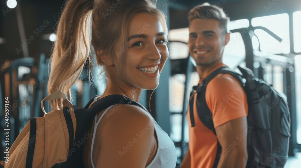 Smiling couple talking, leaving gym after work out