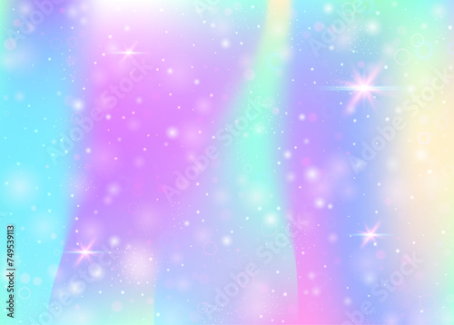 Unicorn background with rainbow mesh. Trendy universe banner in princess colors. Fantasy gradient backdrop with hologram. Holographic unicorn background with magic sparkles, stars and blurs. © Holo Art