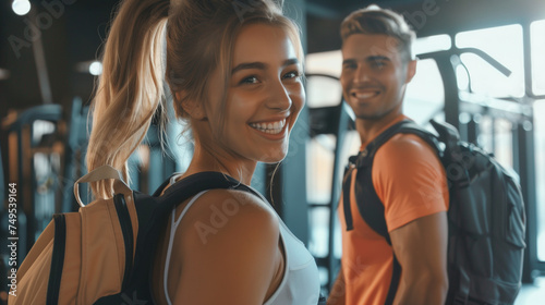 Smiling couple talking, leaving gym after work out