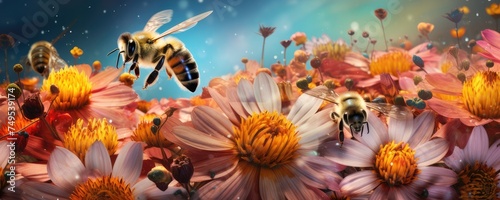 Queen bee is collecting honey from natural flowers in the mountains  banner. Generative Ai.