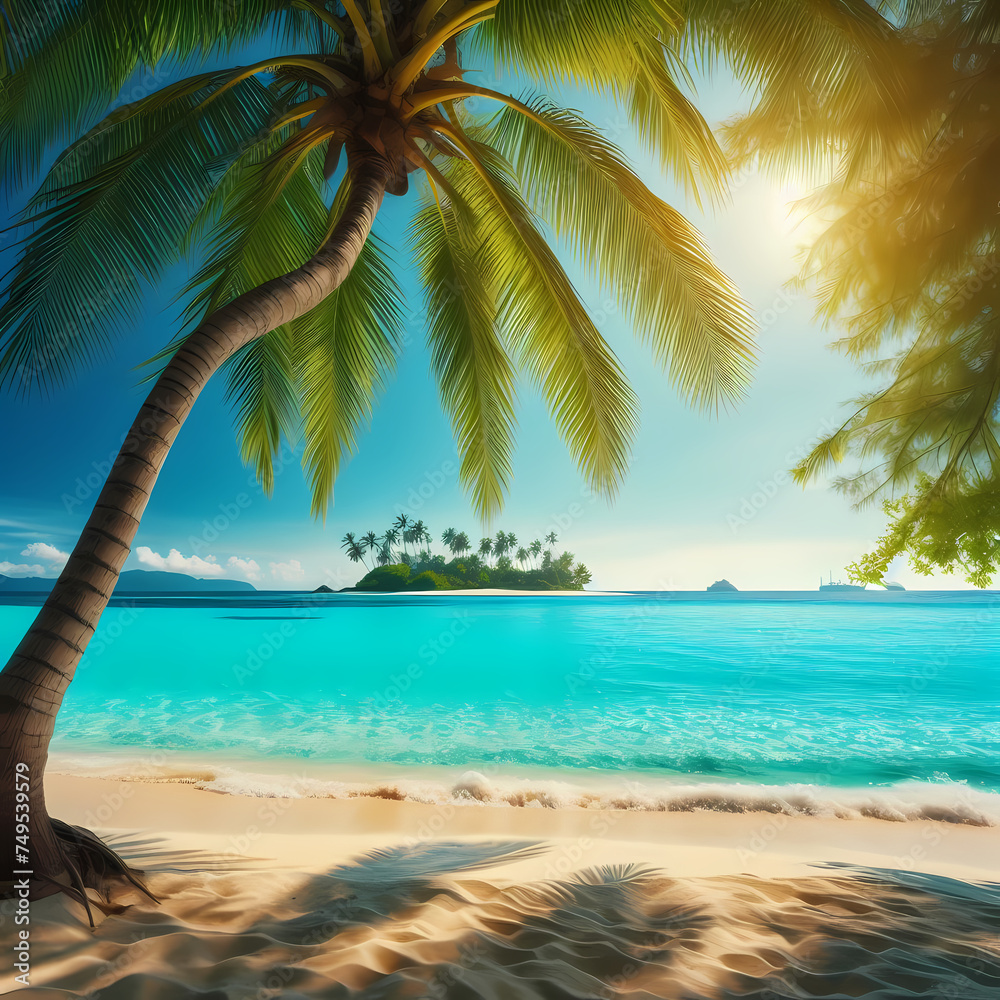  a sandy tropical beach with crystal-clear turquoise waters gently lapping against the shore, framed by lush palm trees, with a distant island silhouetted against the horizon, generative ai