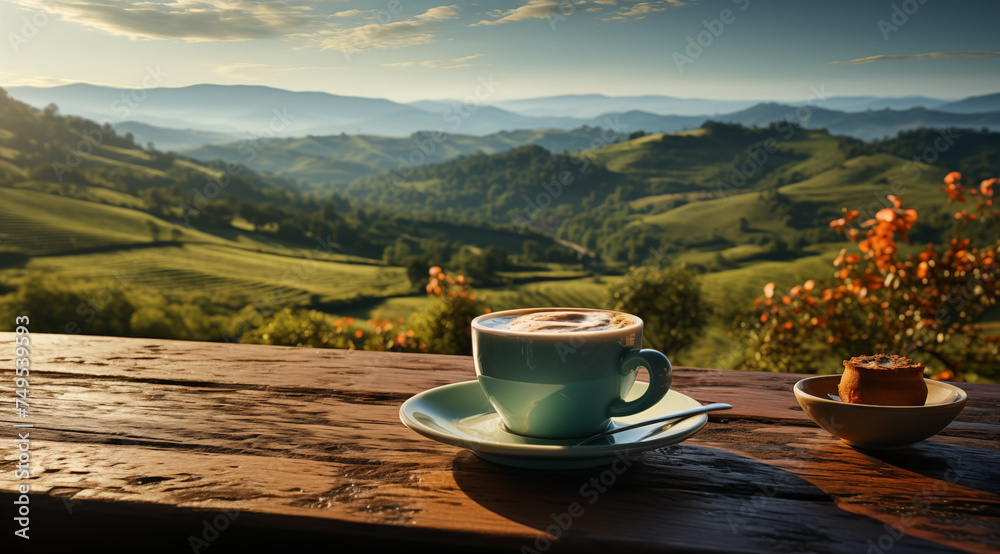 A cup of coffee on a wooden table with natural background A cup of coffee on a wooden table with natural background
