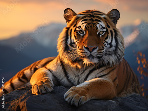 Bengal tiger sitting on rock during sunset