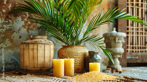 Aromatherapy Setting with Wooden Background  Candles  and Fresh Herbs  Spa and Wellness Concept