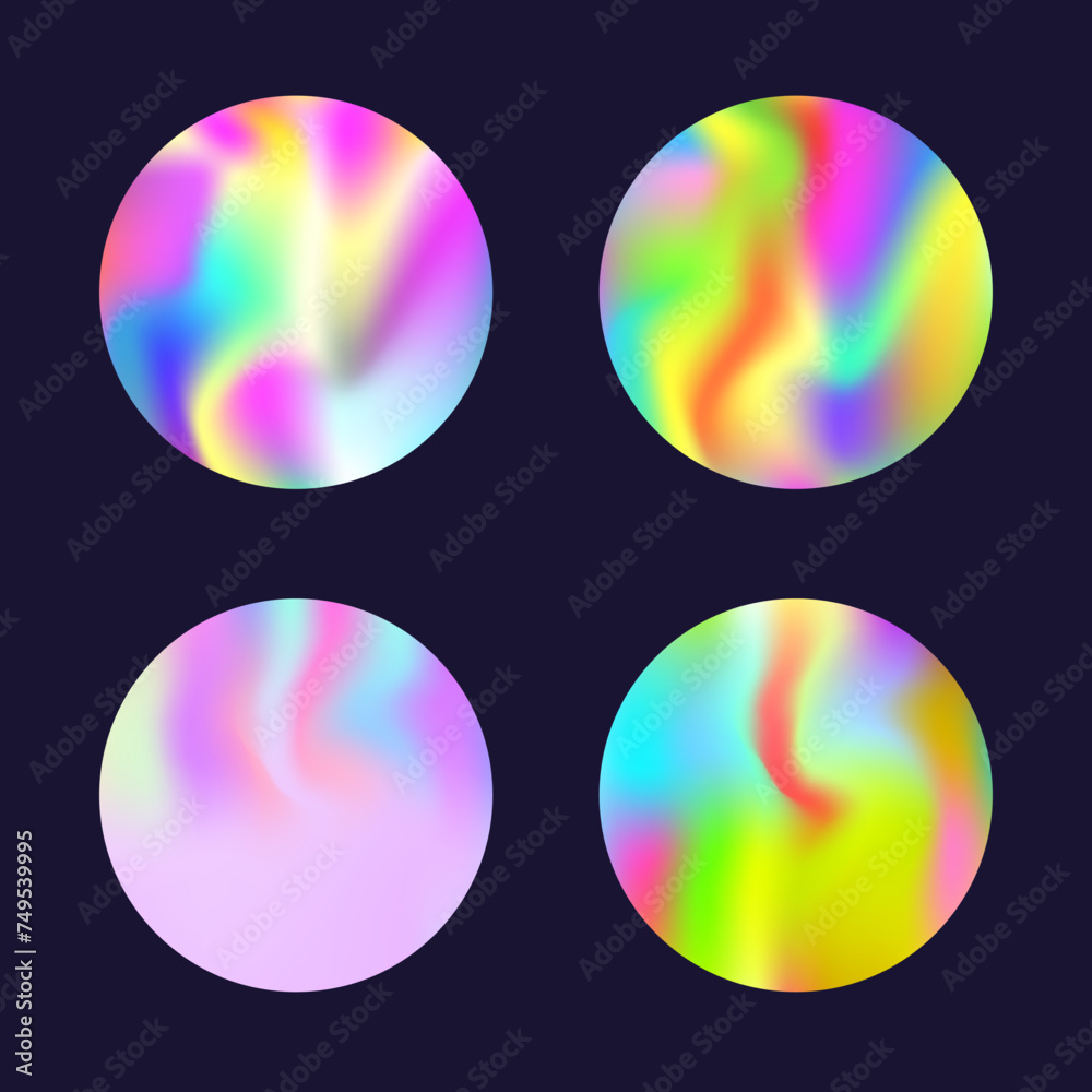 Gradient round set with holographic mesh. Abstract hologram. Creative gradient round set. Minimalistic 90s, 80s retro style graphic template for book, annual, mobile interface, web app.