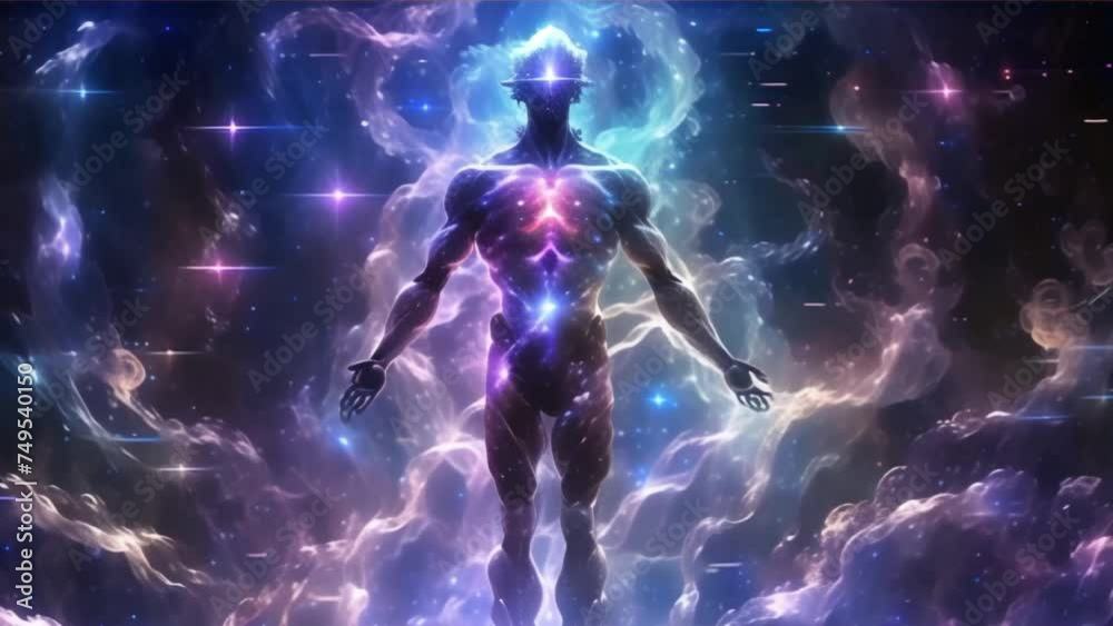 humanoid figure with glowing cosmic lights, standing in the center of an ethereal space background filled with swirling nebulae and stars, spiritual concept