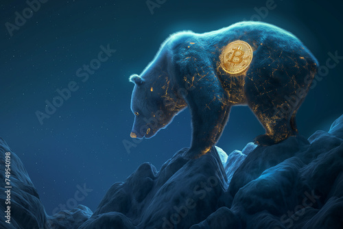 A Digital technology bear and the bear climb down from the mountain with a Golden Bitcoin logo Embedded in the bear s body  with a Digital Blue Background.