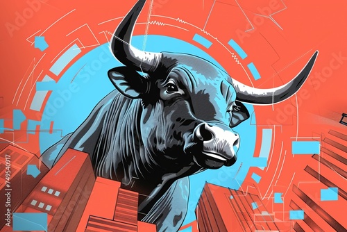 bull market news banner, raging bull with abstract elements