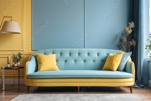 A blue pastel-coloured luxury sofa in a pastel-yellow walls living room mock-up design, A yellow pastel-coloured luxury sofa in a pastel blue walls mock-up design.