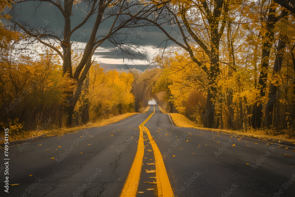 Fototapeta premium Enchanting Autumn: Surreal Yellow Trees Along Country Roads