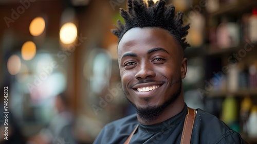 Proud and professional black entrepreneur smiling in barber shop with hair clipper. Concept Barber Shop, Black Entrepreneur, Hair Clipper, Proud Smile, Professional Portrait